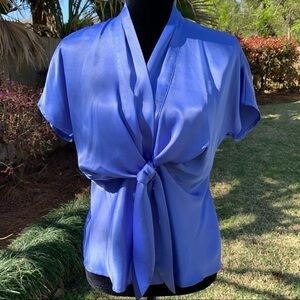 KASPER periwinkle silky dressy tie front blouse spring summer v neck